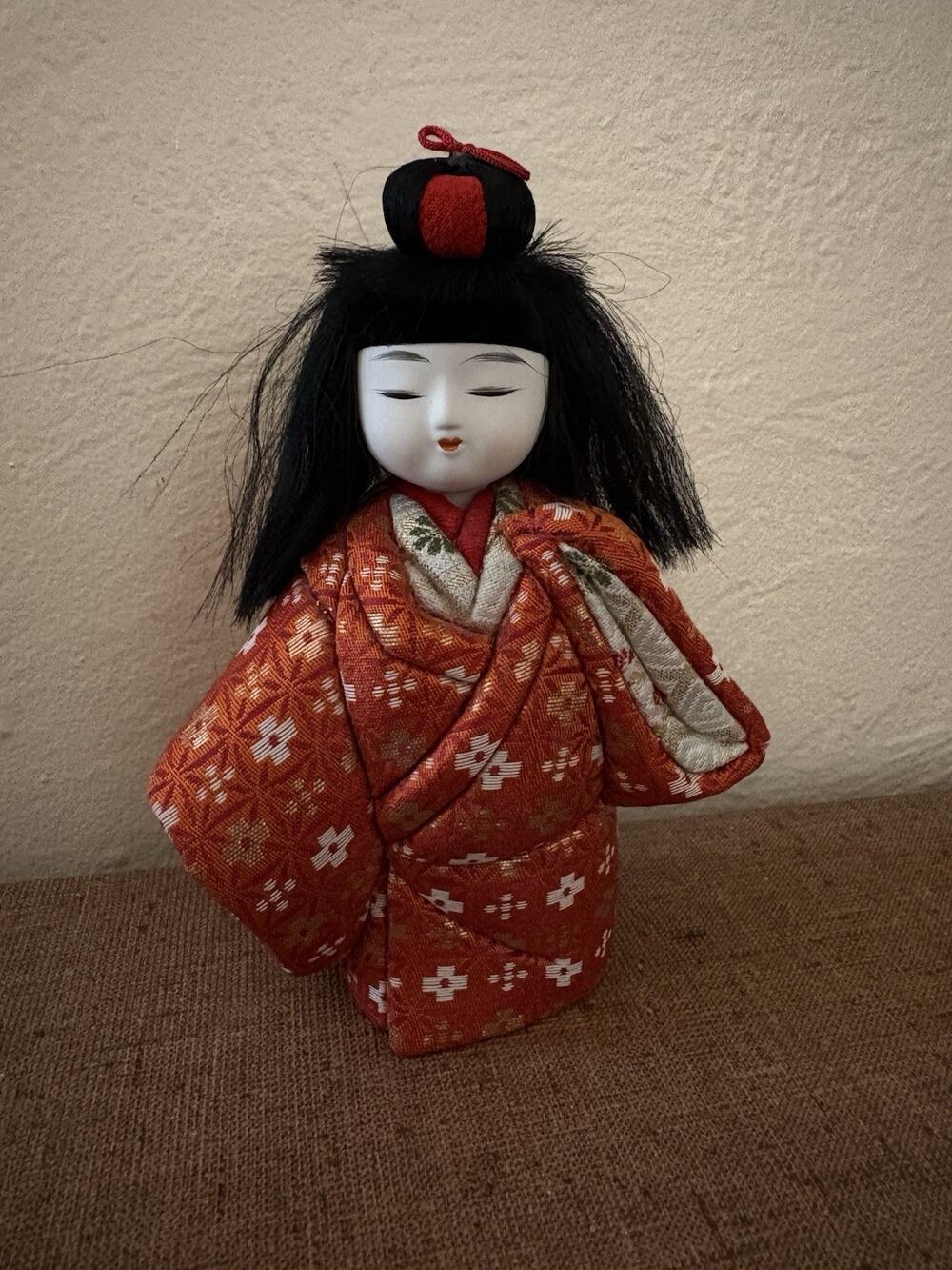 Vintage Kimekumi Japanese Doll Orange Kimono Porcelain Face